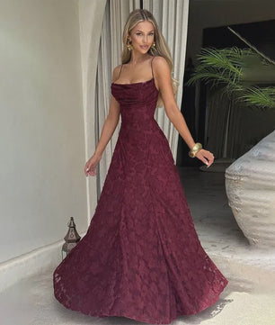 Elegante Jacquard Maxi Jurk met Blote Rug en Vierkante Hals - Feestelijk & Chic