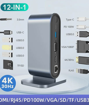 USB-C Docking Station 100W PD, 4K HDMI, VGA, RJ45, USB 3.0 Hub & SD/TF Kaartlezer