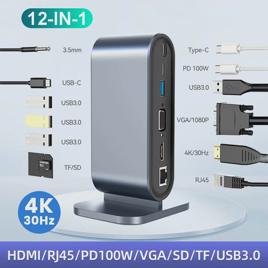 USB-C Docking Station 100W PD, 4K HDMI, VGA, RJ45, USB 3.0 Hub & SD/TF Kaartlezer