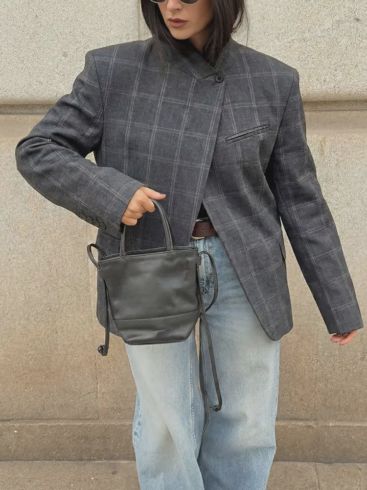 Chique Geruite Blazer Jas met Opstaande Kraag - Dames Casual Chic