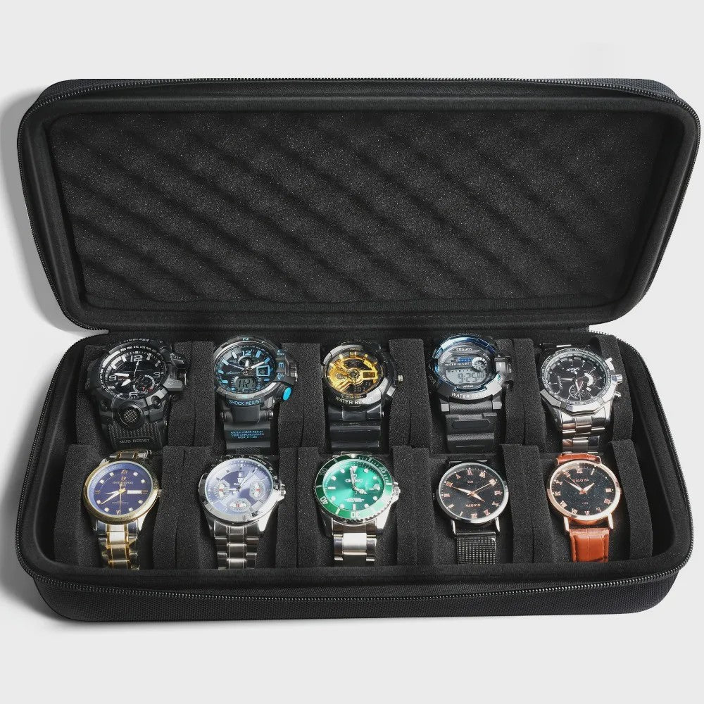 Luxe Horlogedoos 10 Vakken - Hardcase Opbergdoos & Vitrinehouder