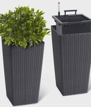 Set van 2 Hoge Rattan Plantenbakken - 16 Inch Moderne Wicker Potten met Drainage & Liner voor Buiten