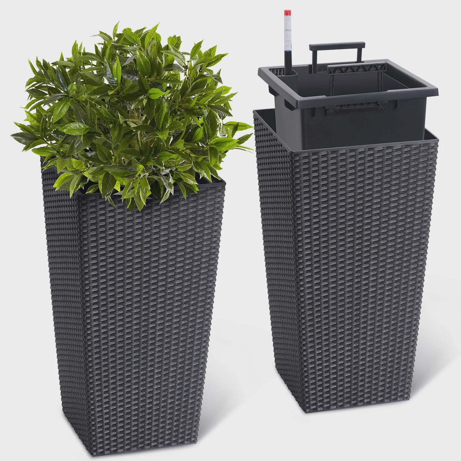 Set van 2 Hoge Rattan Plantenbakken - 16 Inch Moderne Wicker Potten met Drainage & Liner voor Buiten