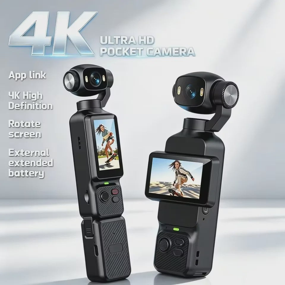 4K Handheld Gimbal Action Camera met 180° Draaibare Lens, Anti-Shake & Fill Light voor Vlogs & Outdoor Sport
