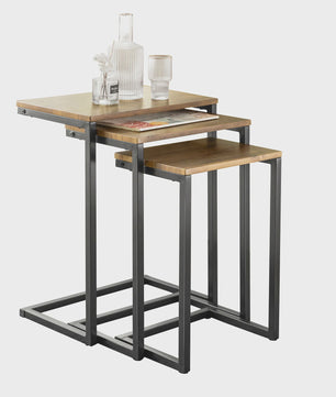Set van 3 Nesting bijzettafels met Houten Blad en Zwart Metaal Frame