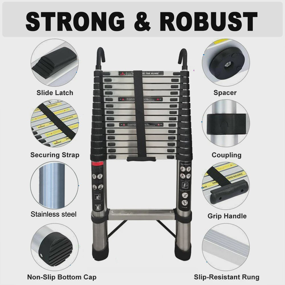 Telescopische Ladder 4.4m/5m - Uitschuifbaar, RVS, 150kg Belastbaar, EN131 Gecertificeerd