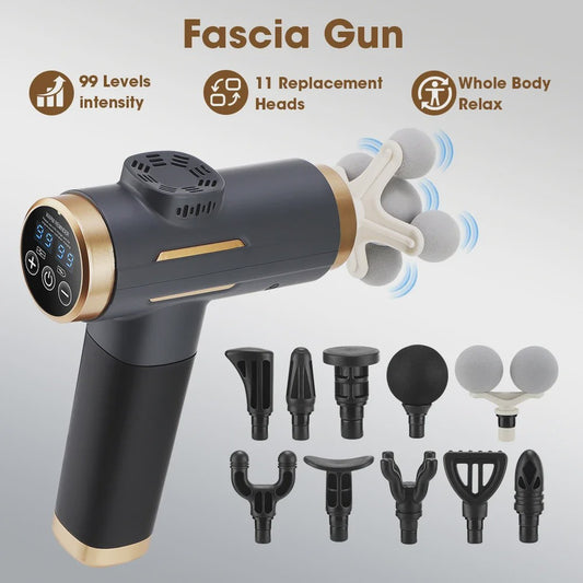 Elektrische Fascia Gun: 24W, 99 standen, 11 opzetstukken voor diepe spierontspanning