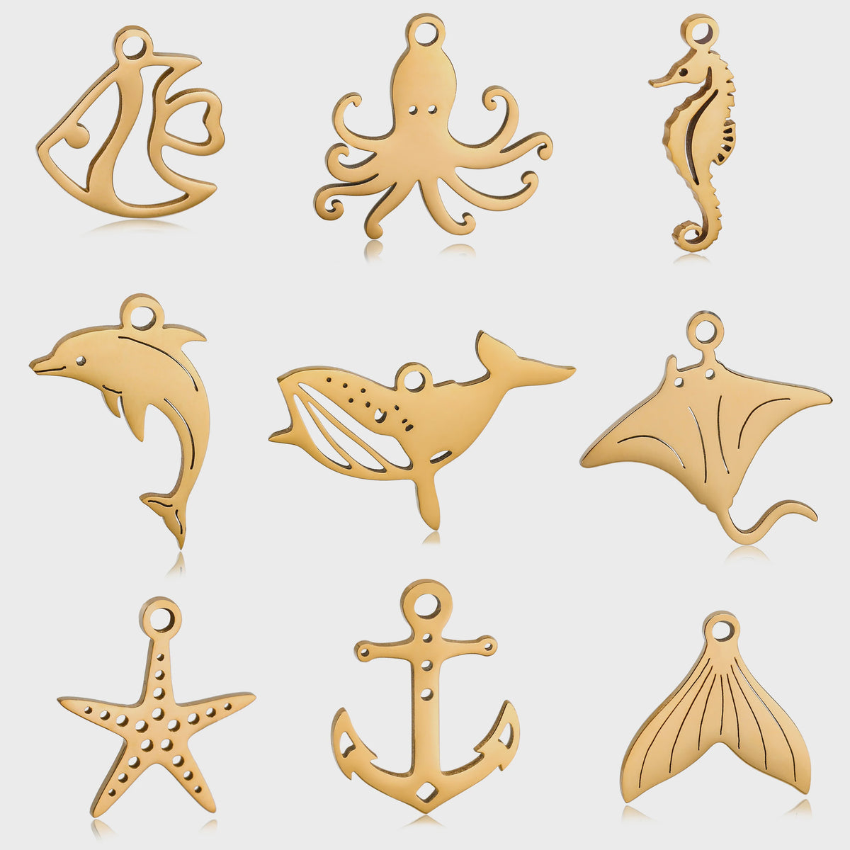 5-delige Set RVS Bedeltjes Zeeleven: Walvis, Dolfijn, Octopus, Vissenstaart & Manta Ray
