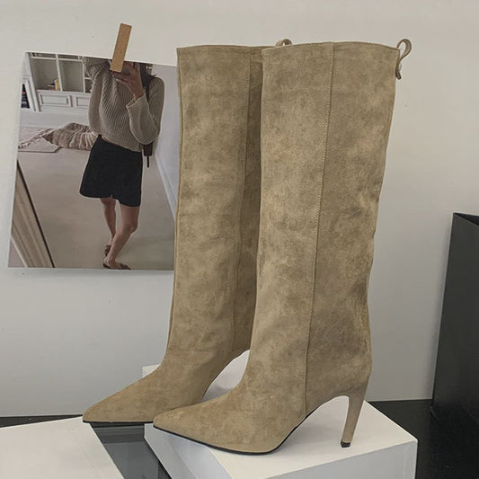 Chique Dames Hoge Laarzen met Puntige Neus en Lage Naaldhak - Herfst/Winter Collectie