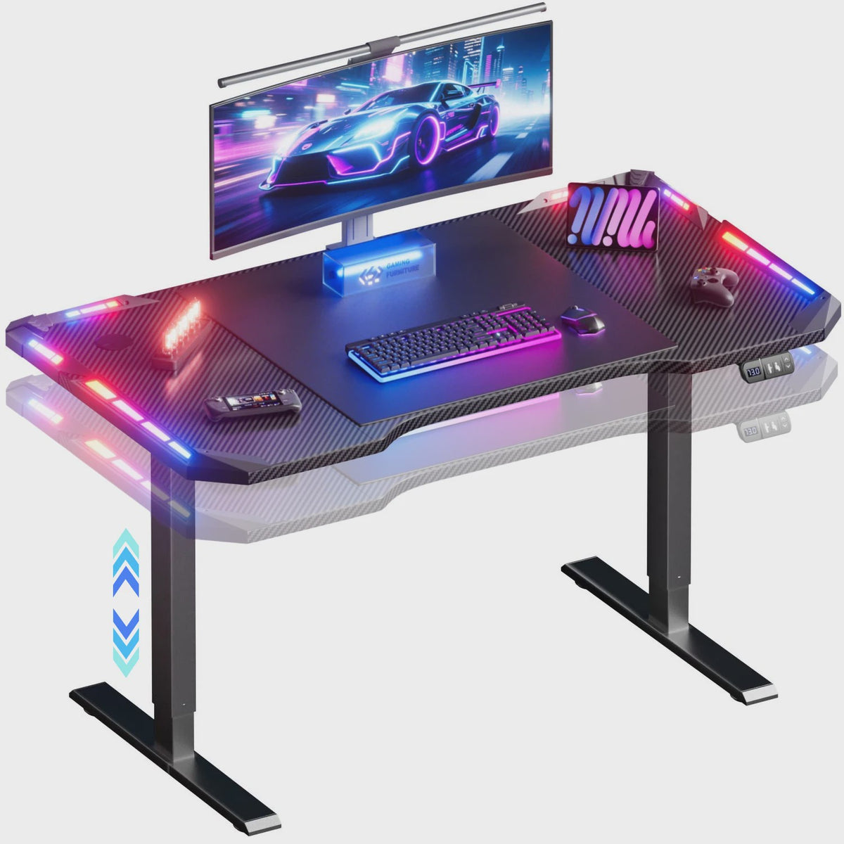 Elektrisch Verstelbaar Gaming Bureau met LED Verlichting en Carbon Fiber Oppervlak - Sit-Stand Werkstation