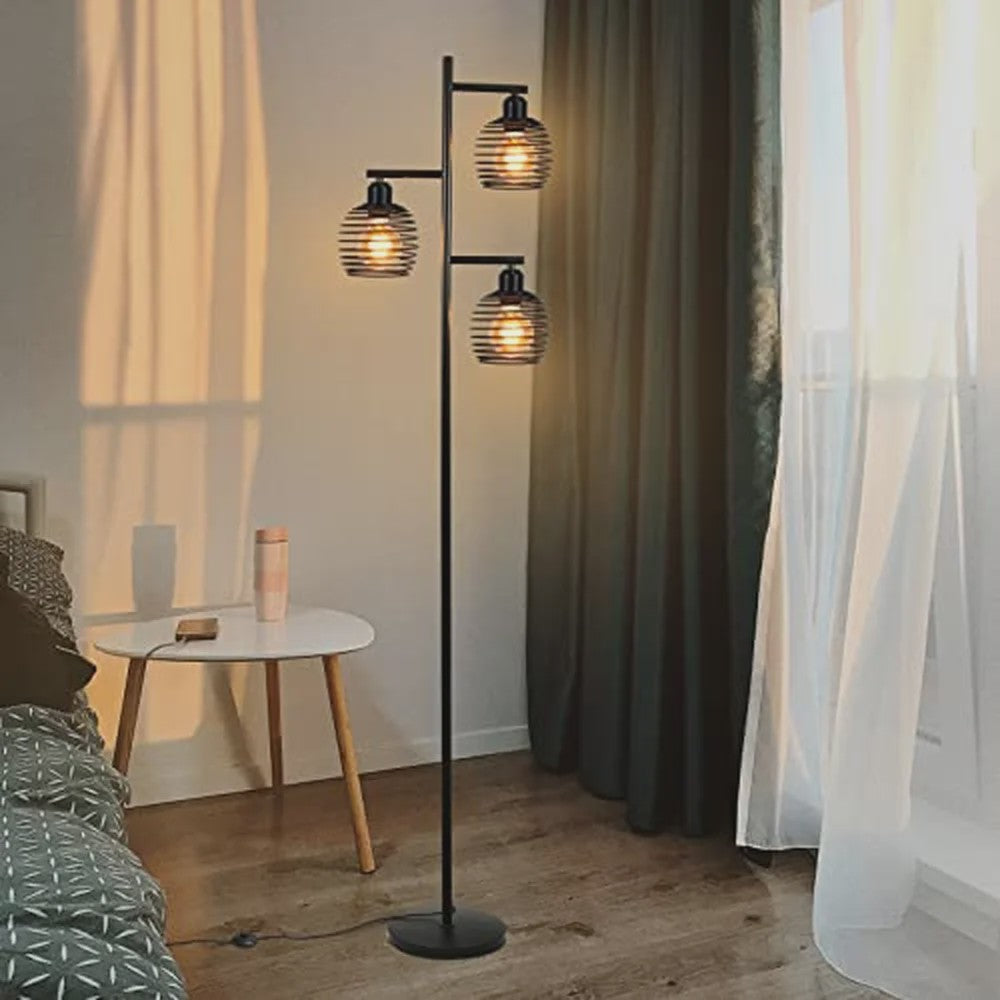 Industriële Staande Lamp Zwart Metaal - 3 Lichtpunten, E27 Fitting, 152cm Hoog