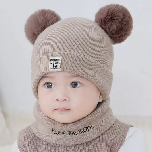 Warme Gebreide Babymuts met Dubbele Pompon - Winter Muts voor Jongens en Meisjes