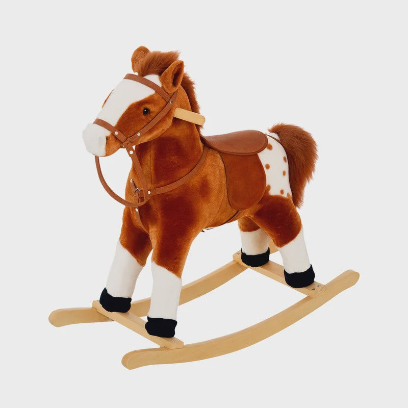 Houten Schommelpaard met Dierengeluiden - Bruin, 74x28x65 cm