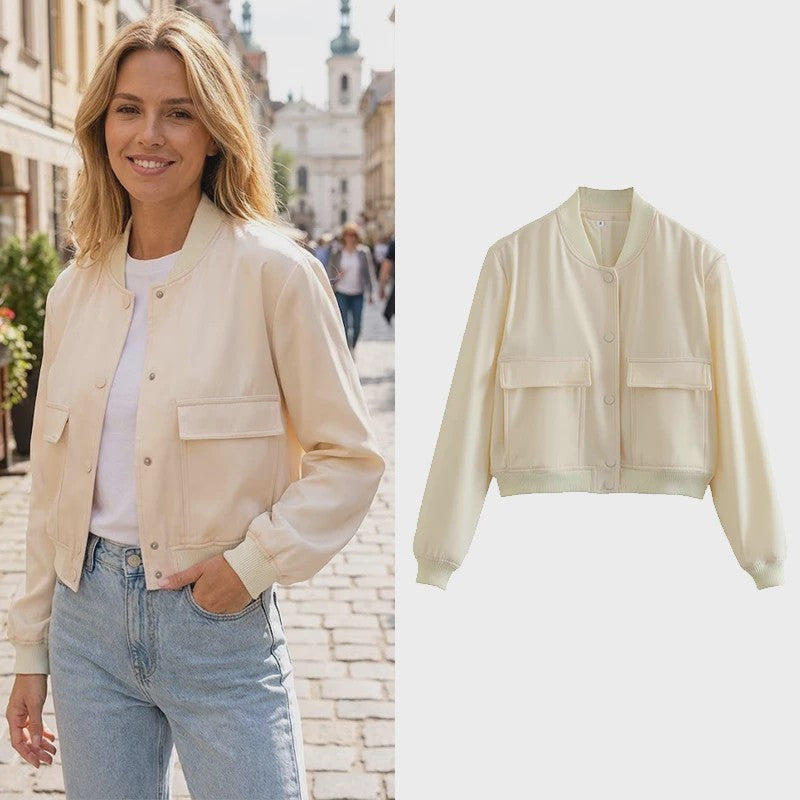 Dames Bomberjack met V-hals, Lange Mouwen en Zakken - Stijlvolle Casual Outfits