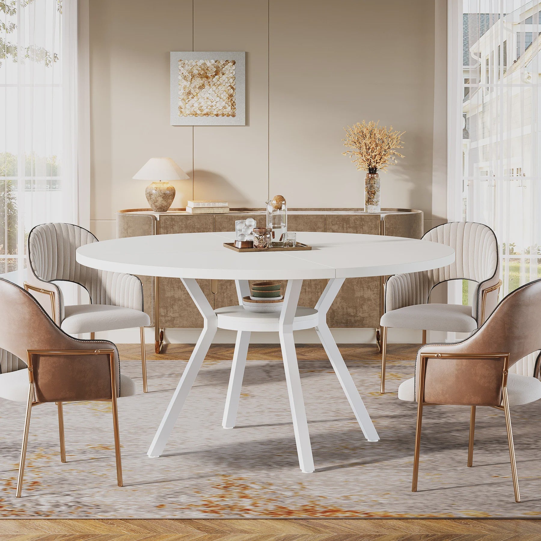 Ronde Eettafel 120cm met Opslag - Hout & Metaal - Geschikt voor 4-6 Personen