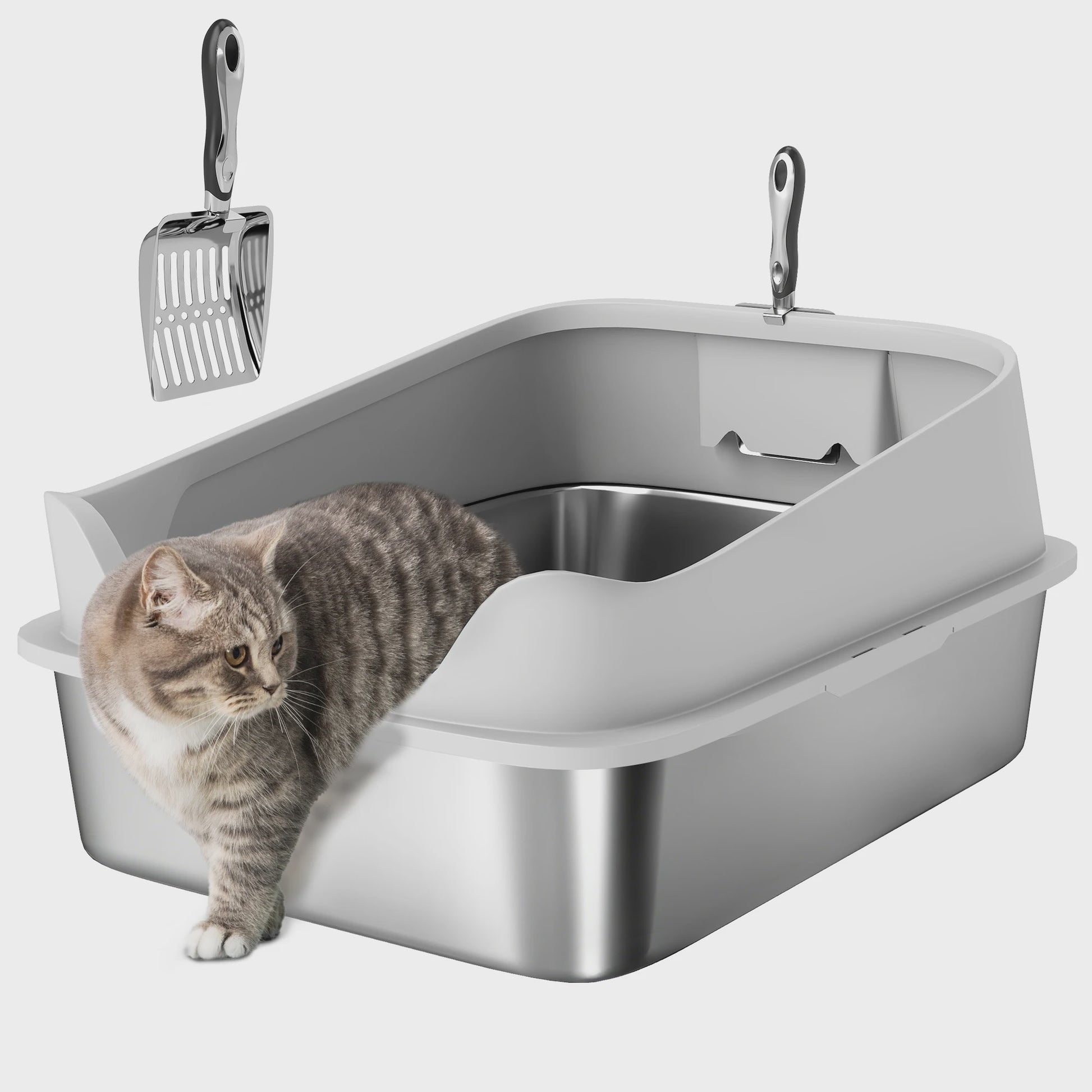 XXL Rvs Kattenbak met Hoge Rand, Lekvrij en Makkelijk Schoon te Maken, Inclusief Schep