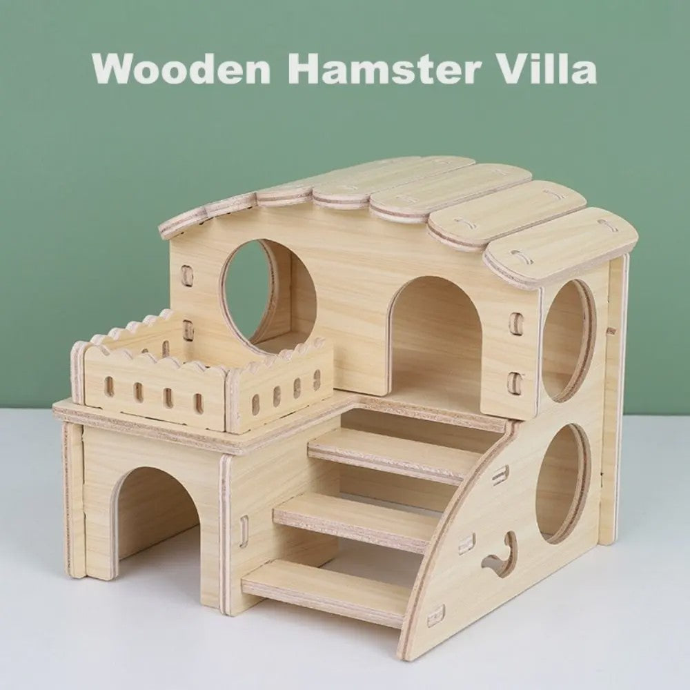 Houten Hamster Villa: Speelhuis met Klimplatform en Verhoogd Platform - Duurzaam Knaagdier Accessoire
