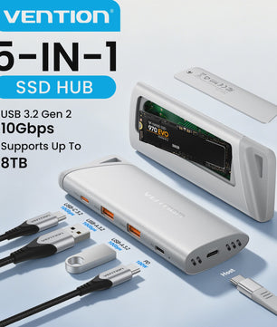Vention USB-C Hub & M.2 NVMe SSD Enclosure: 10Gbps, 100W PD Oplader