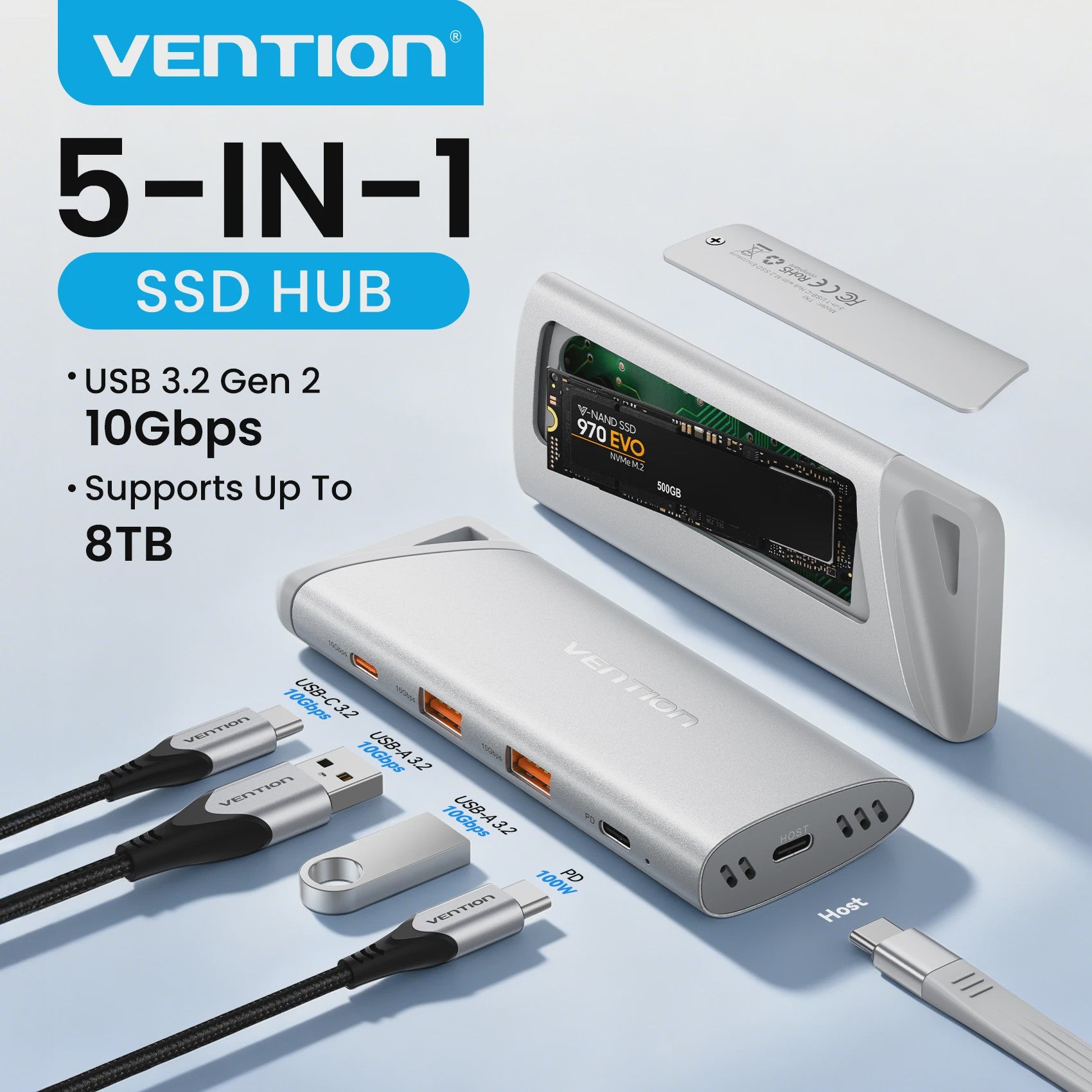 Vention USB-C Hub & M.2 NVMe SSD Enclosure: 10Gbps, 100W PD Oplader