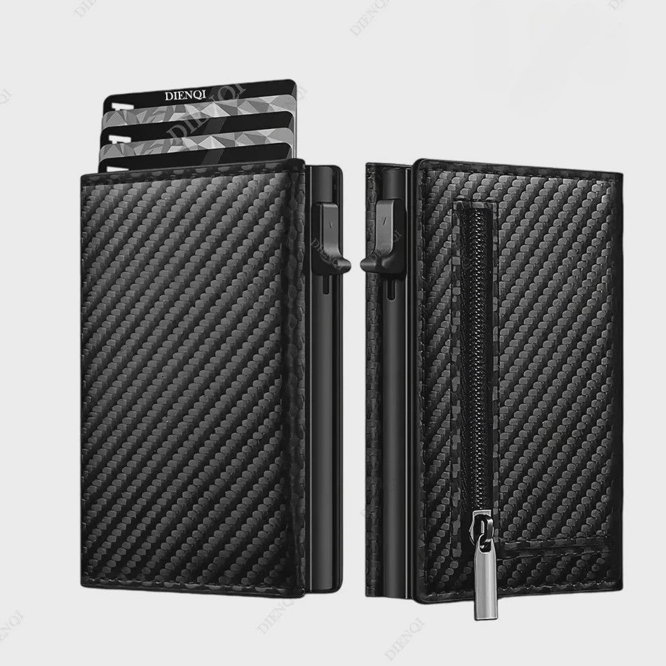 Luxe Carbon Fiber RFID Portemonnee Kaarthouder met Muntvak en Sneltoegang