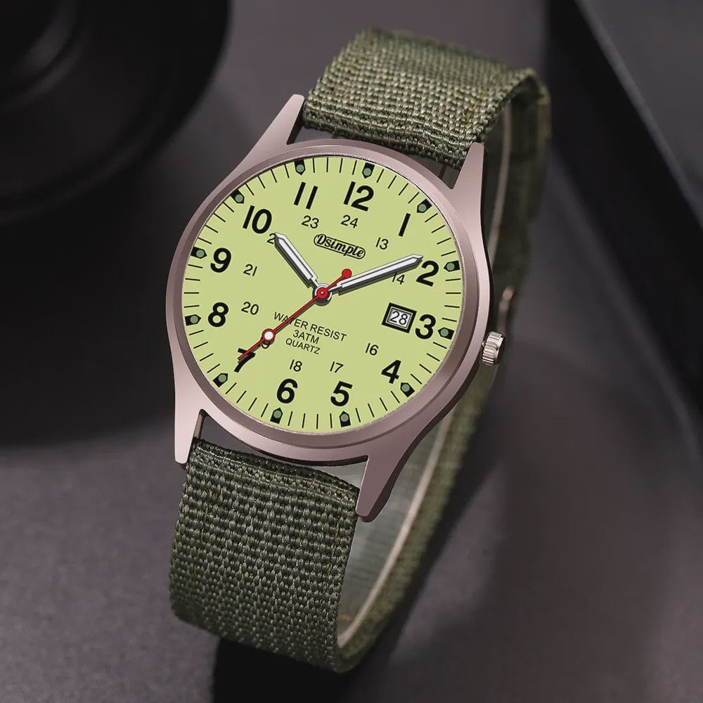 Stijlvol Herenhorloge met Kwarts Uurwerk, Lichtgevende Wijzers en Datum - Militair/Sportief Nylon Band