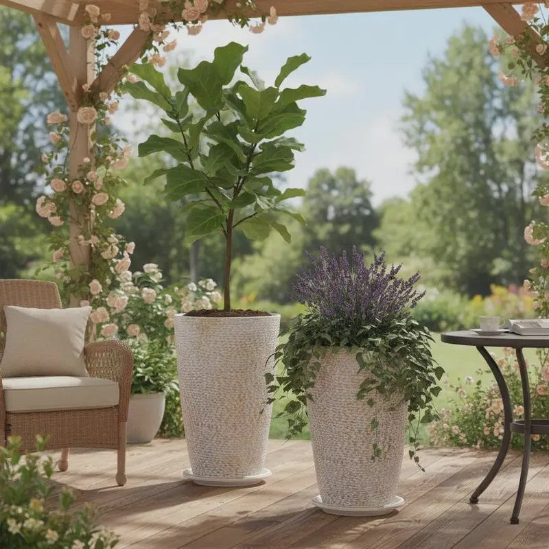 Set van 2 Elegante Hoge Bloempotten met Steenlook - 53 cm - Beige