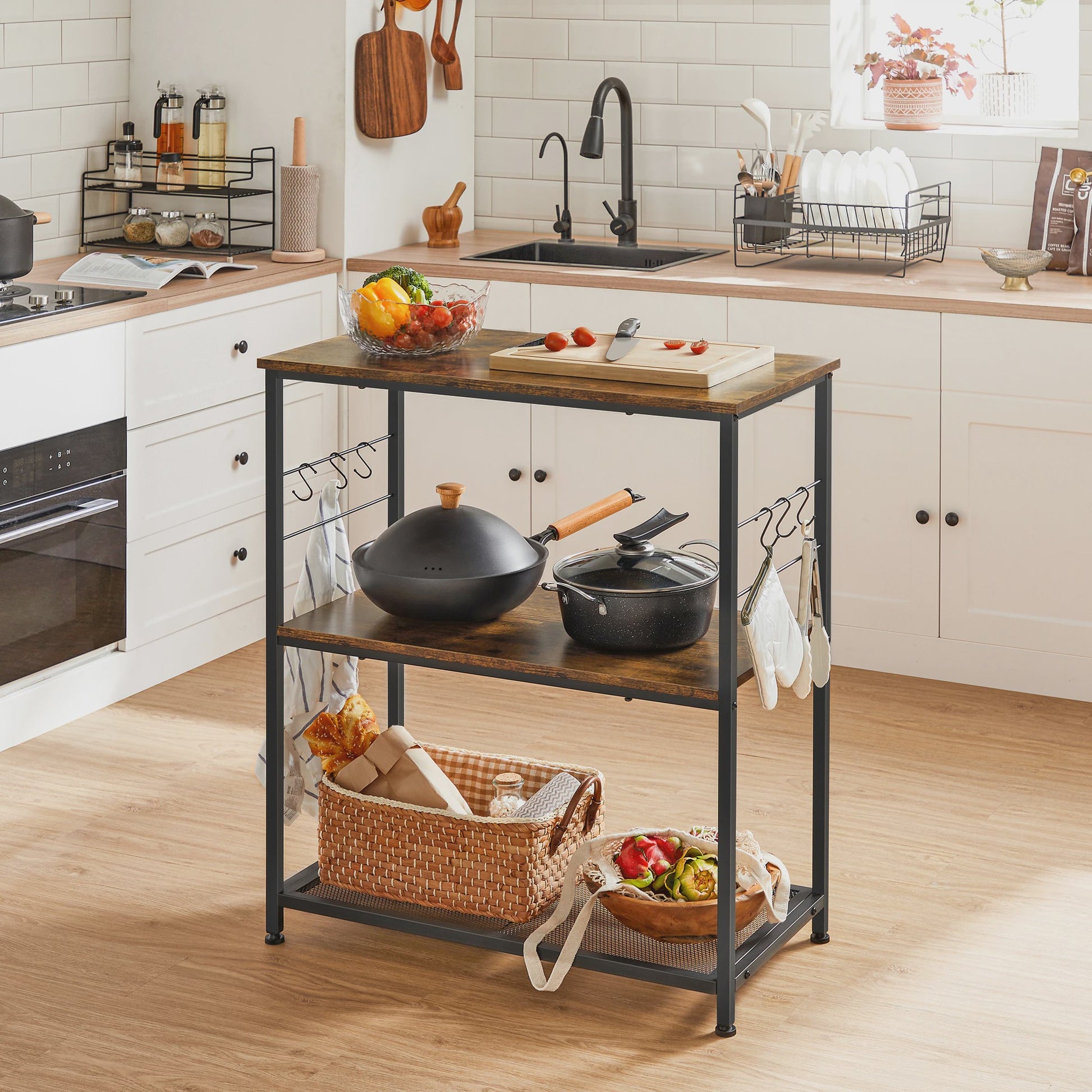 VASAGLE Keukenrek met 3 etages, 6 haken en 2 legborden - 80x40x90 cm