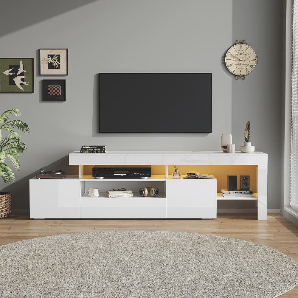 Moderne TV-meubel 192cm met LED-verlichting en 3 kasten - Hoogglans wit