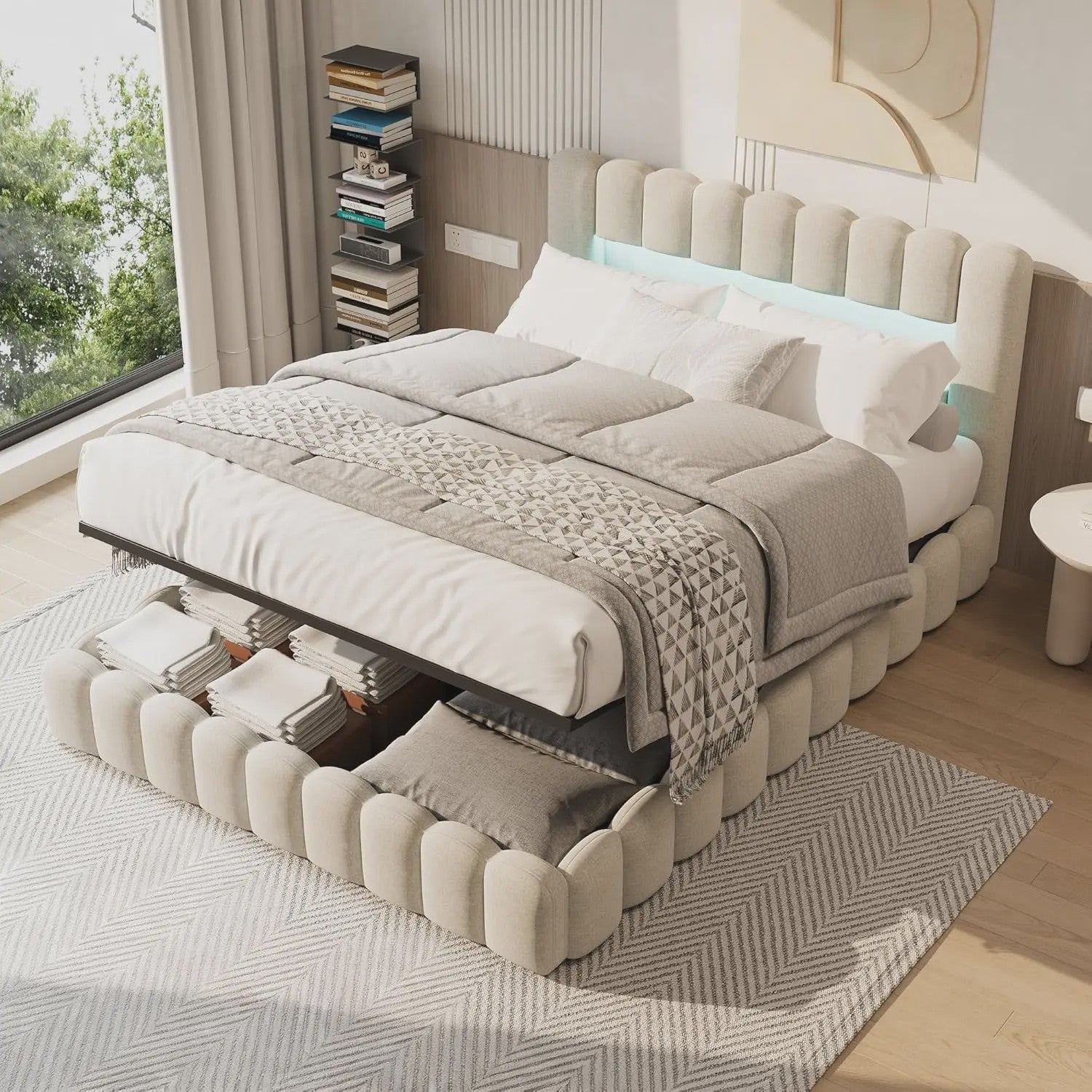 Luxe Gestoffeerd Bed 180x200cm met LED-verlichting, USB & Hydraulische Opbergruimte