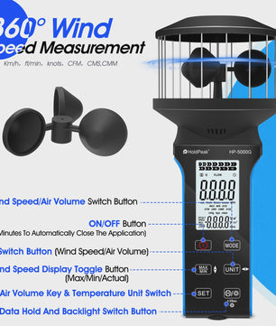 HP-5000G Digitale Anemometer: Compact, Waterdicht, Oplaadbaar met Touchscreen & Backlight