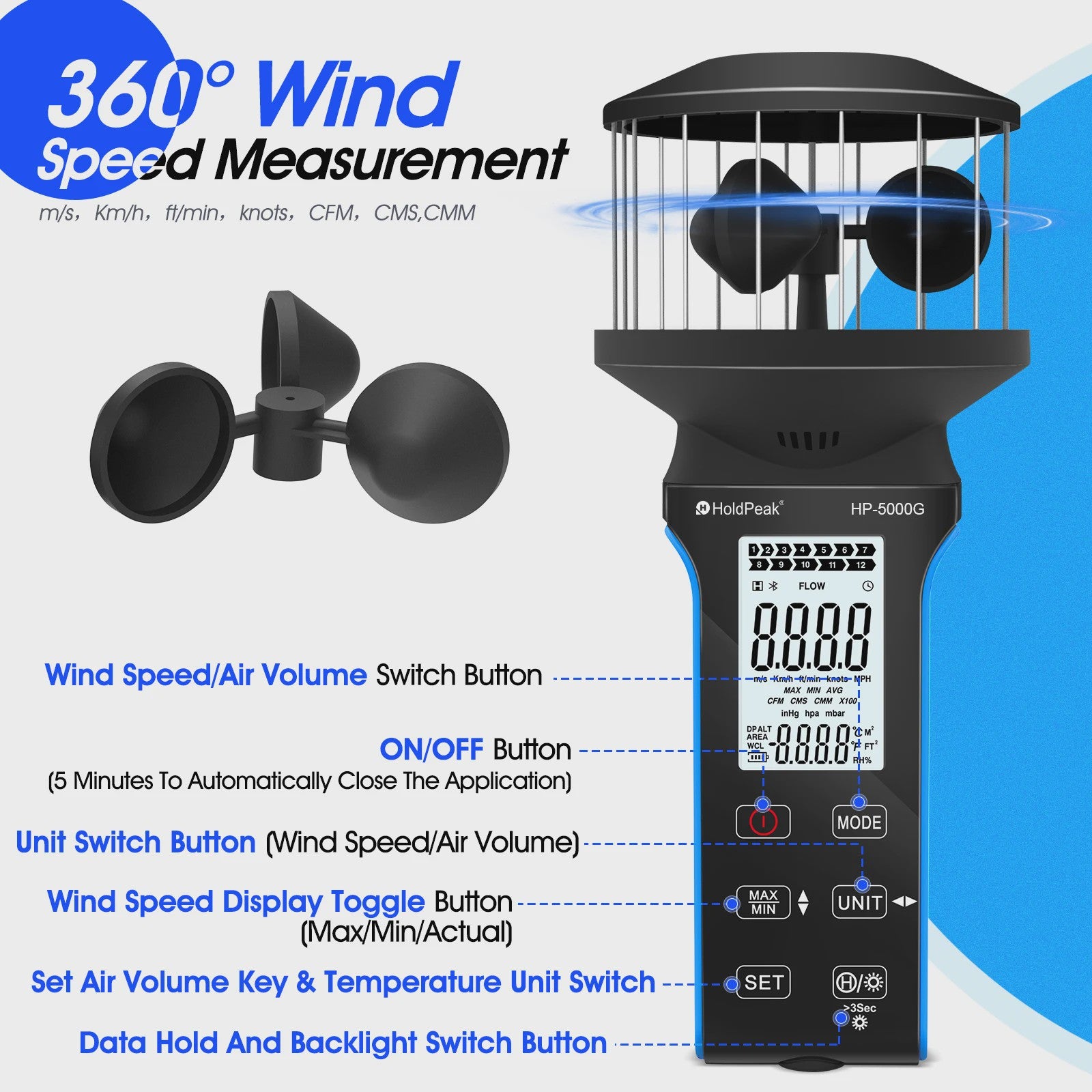 HP-5000G Digitale Anemometer: Compact, Waterdicht, Oplaadbaar met Touchscreen & Backlight