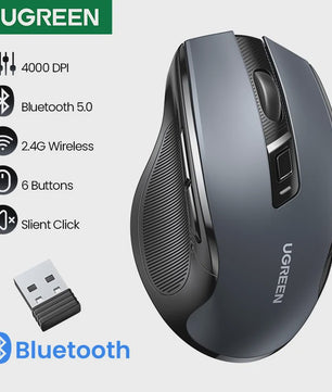 UGREEN Ergonomische Draadloze Muis: Bluetooth 5.0 & 2.4G, 4000 DPI, Stille Knoppen