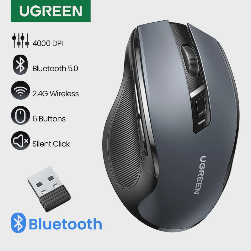 UGREEN Ergonomische Draadloze Muis: Bluetooth 5.0 & 2.4G, 4000 DPI, Stille Knoppen