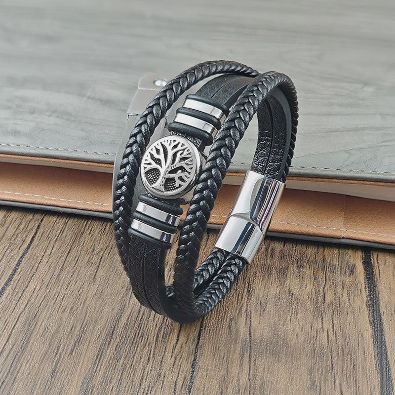 Heren Leren Armband met Levensboom & Roestvrij Staal - Stoer & Stijlvol