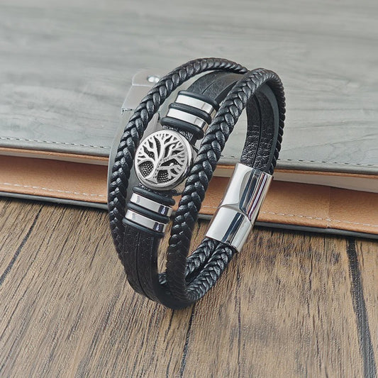 Heren Leren Armband met Levensboom & Roestvrij Staal - Stoer & Stijlvol