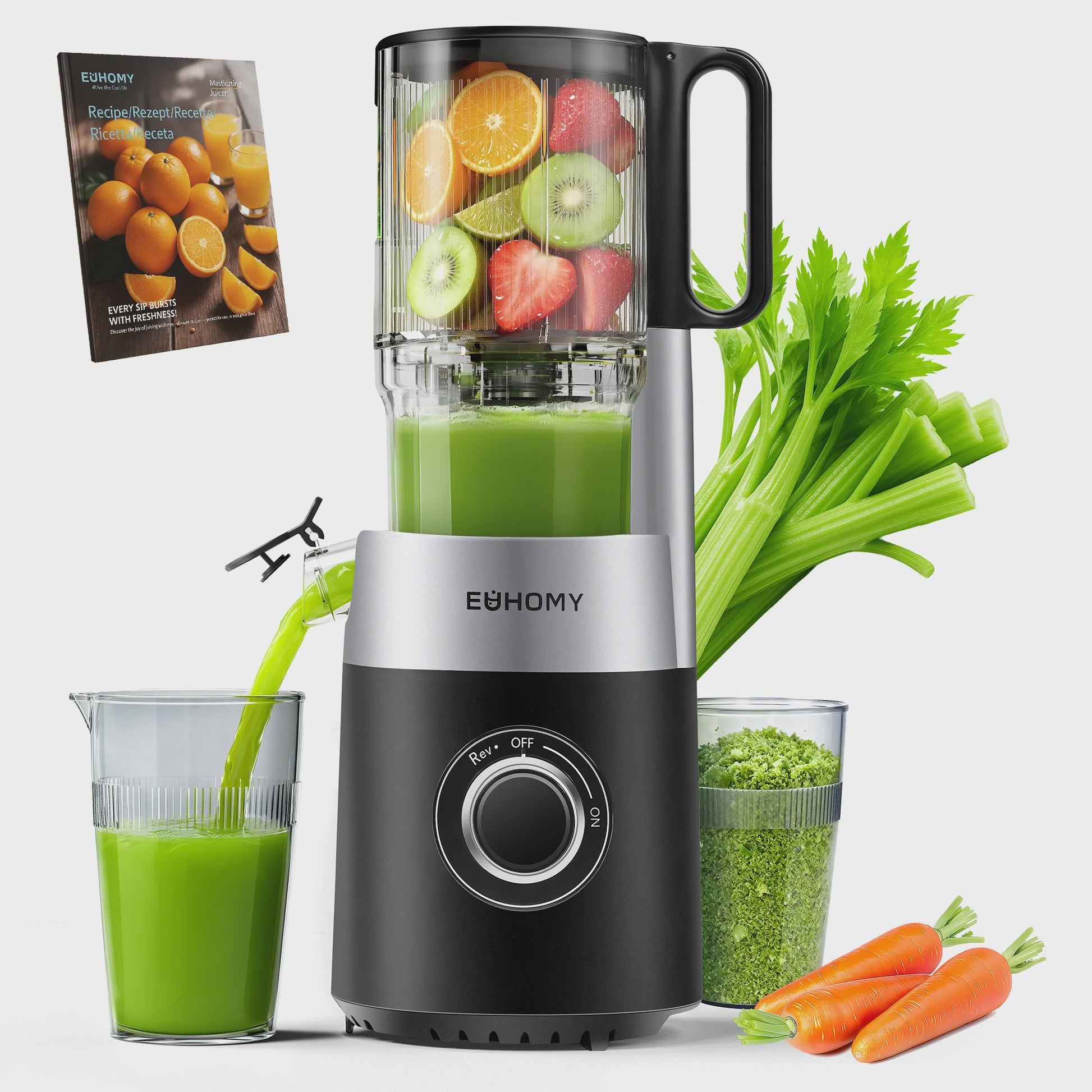 Koude pers slowjuicer met 135mm vulschacht, 220W, 0.7L, 3-voudig filtersysteem - Zwart
