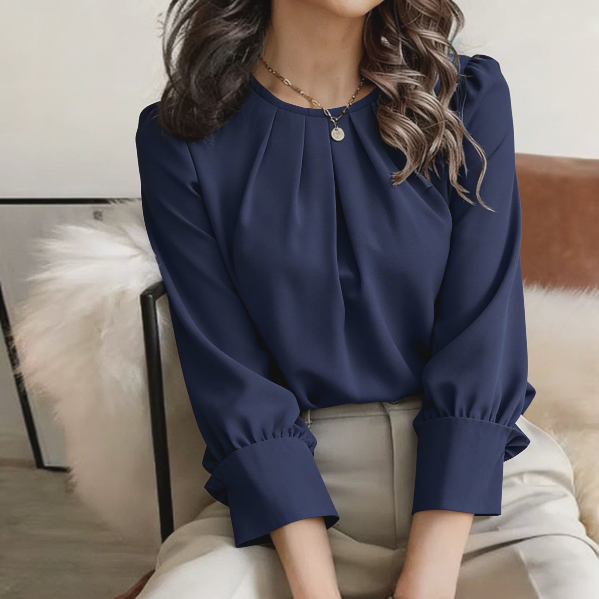 Dames Blouse met Ronde Hals en Plooien - Elegante Lange Mouwen Top voor Casual en Kantoor