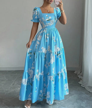 Elegante Dames Maxjurk met Bloemenprint en Vierkante Hals - Perfect voor Zomerfeesten en Bruiloften