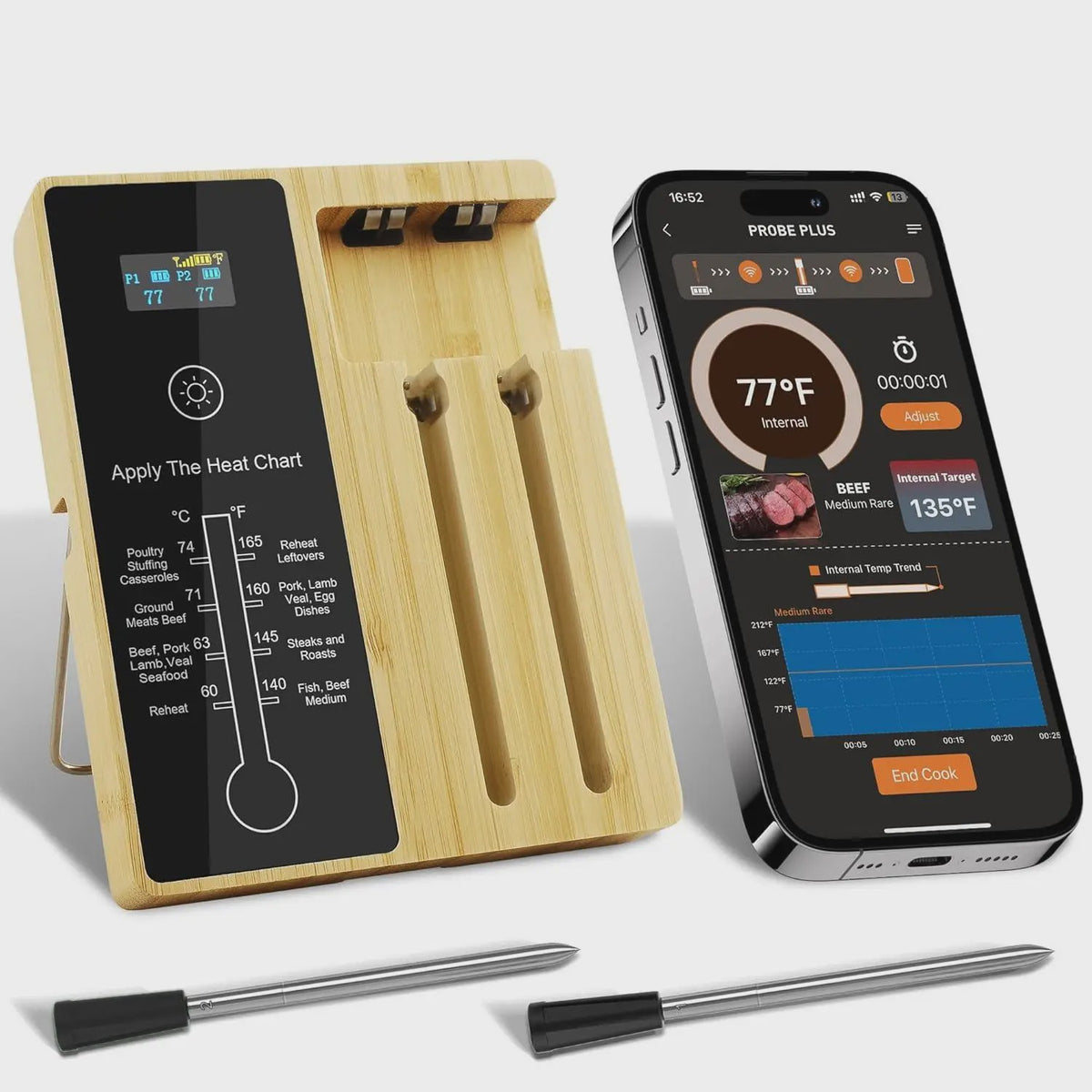 Draadloze Vleesthermometer met 2 Probes & Bluetooth - 120m Bereik