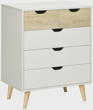 HOMCOM Commode met 5 Lades en Houten Poten - Wit & Naturel Hout - 60x40x77,5 cm