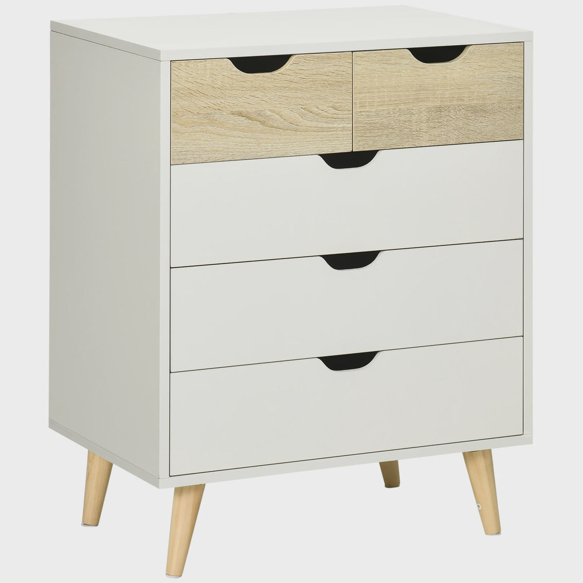 HOMCOM Commode met 5 Lades en Houten Poten - Wit & Naturel Hout - 60x40x77,5 cm