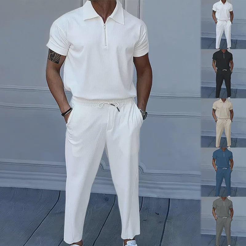 Zomer Heren Pak: Casual Short Sleeve Polo met Rits en Comfortabele Broek