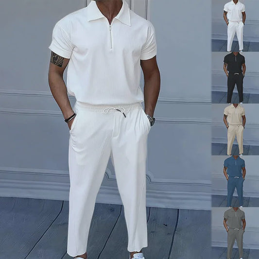Zomer Heren Pak: Casual Short Sleeve Polo met Rits en Comfortabele Broek