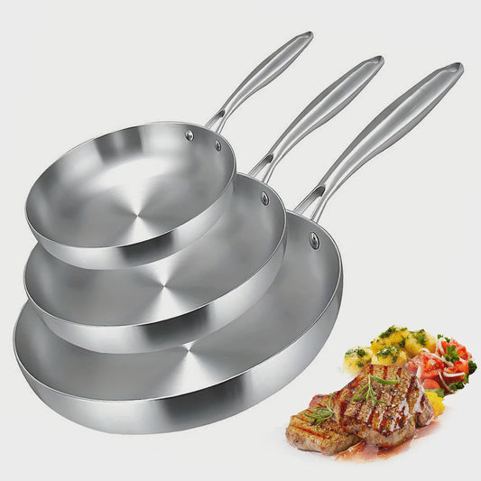 3-delige RVS Koekenpan Set - Snel & Gelijkmatig Verwarmen, Gezond Koken