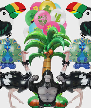 Jungle Dieren Ballondecoratie Set - Struisvogel, Gorilla, Toucan & Pauw voor Feestjes