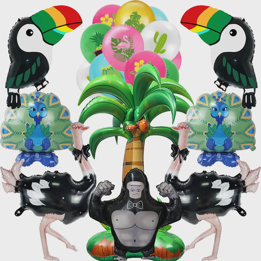 Jungle Dieren Ballondecoratie Set - Struisvogel, Gorilla, Toucan & Pauw voor Feestjes