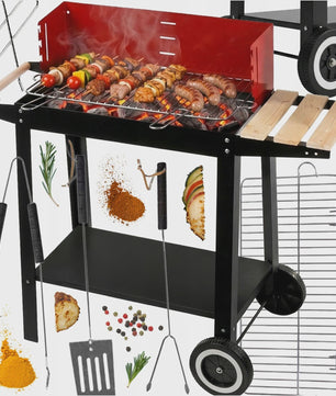 Mobiele Houtskool BBQ Grill met Wielen, Zijplanken en Accessoires - 40x40cm Grilloppervlak