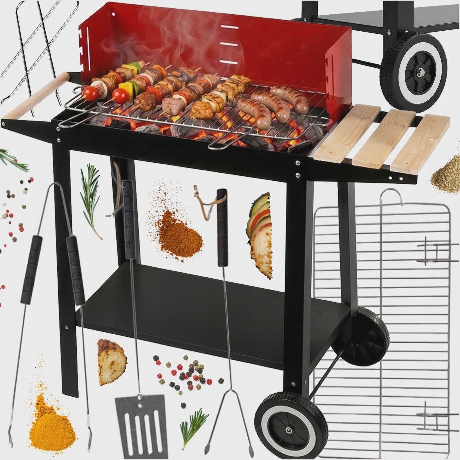 Mobiele Houtskool BBQ Grill met Wielen, Zijplanken en Accessoires - 40x40cm Grilloppervlak