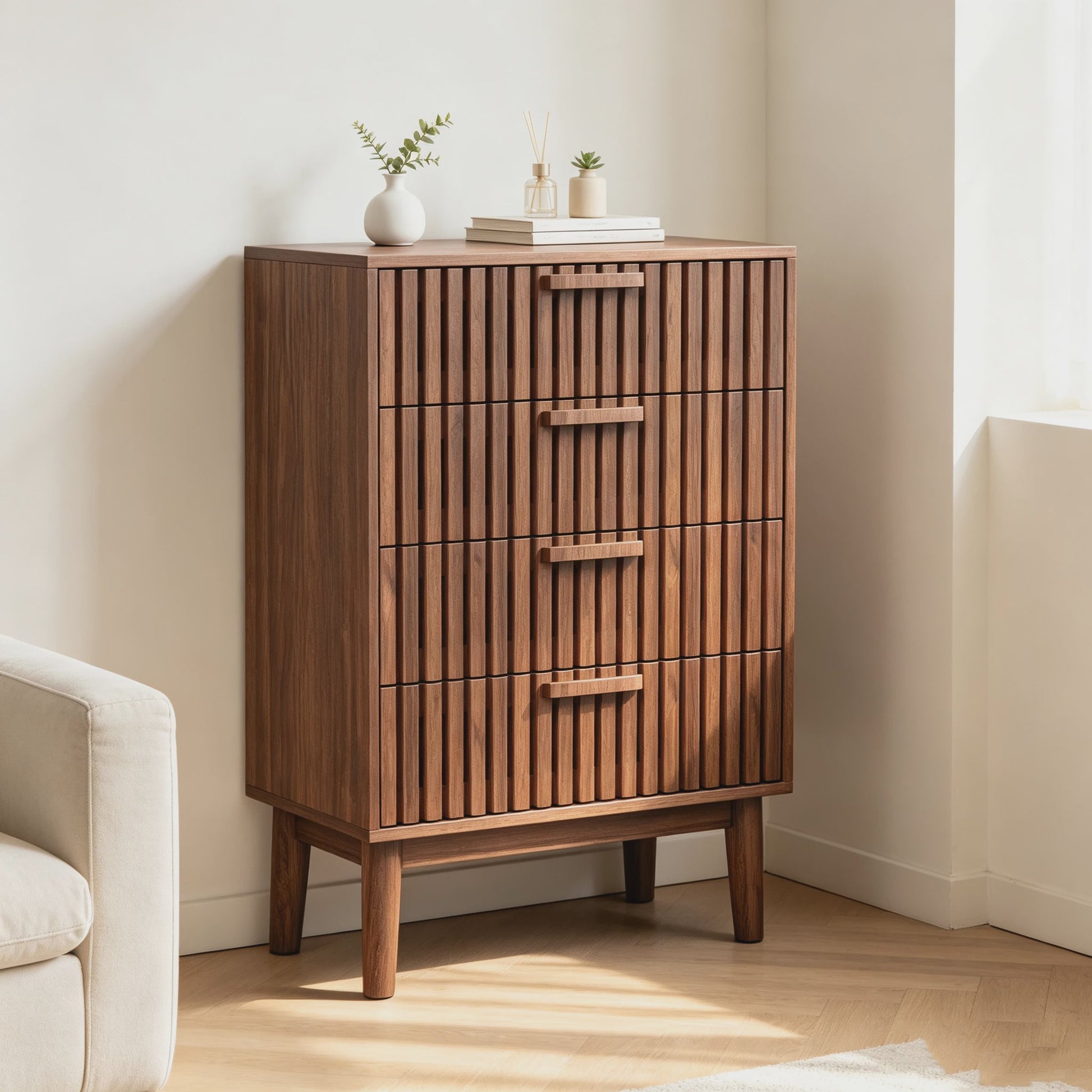 Anajqaqia Commode met 4 Lades - Stijlvolle Houten Opbergkast in Walnootkleur