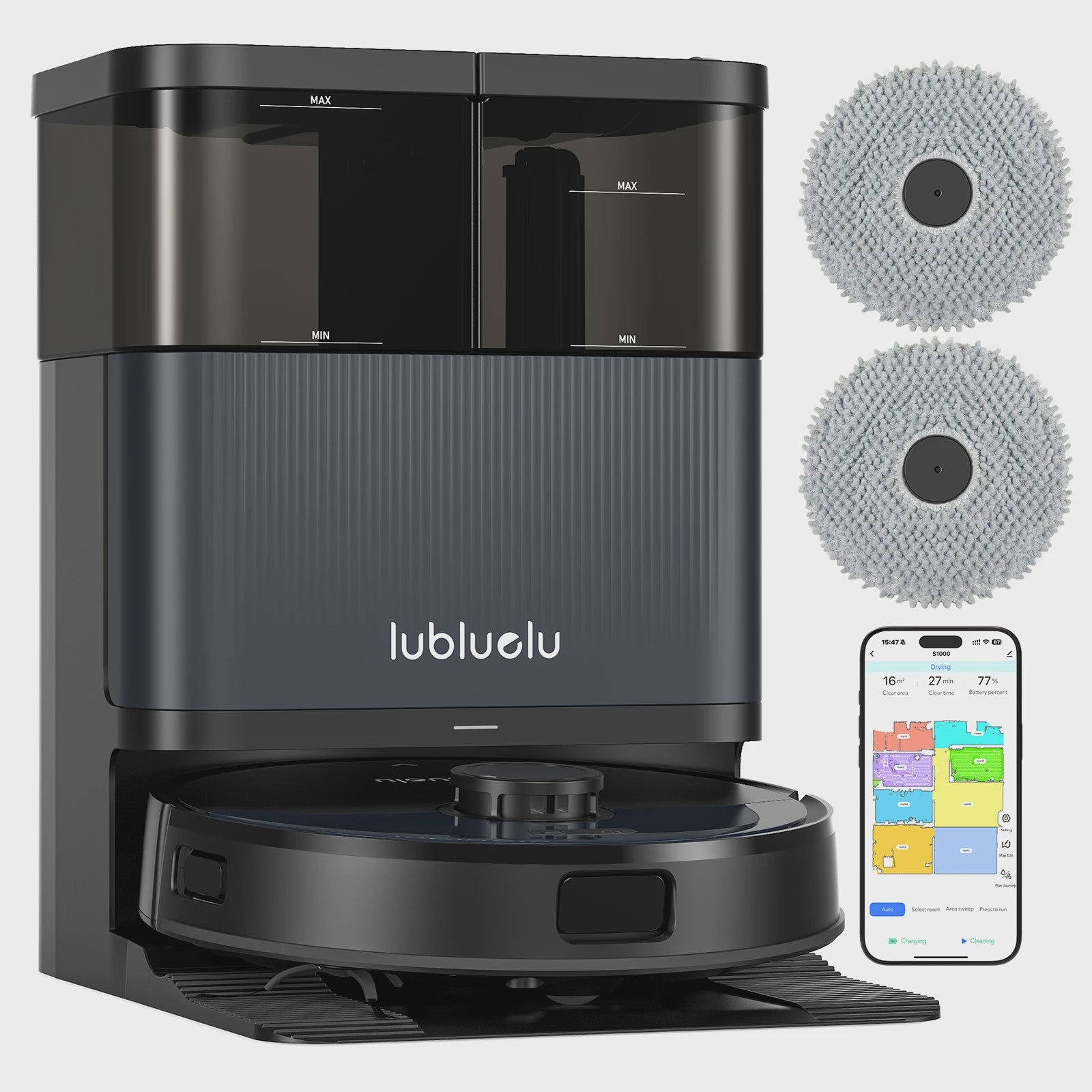 Lubluelu S1000 Robotstofzuiger met Zelfreinigende Basis: 11000Pa, 75℃ Warm Water Mop, Automatische Droging